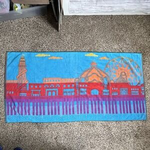 Vintage 80s Royal Terry Ocean Beach Towel Colorful Pier Theme Park Skyline 59x30